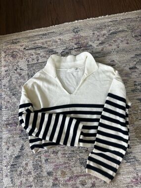 Altar'd State Cream & Black Striped V-Neck Collared Sweater